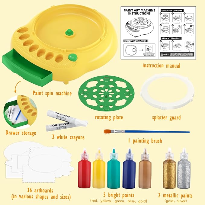 Spin Art Machine for Kids - Paint Spinner Art Craft Kit with 36 Artboards & 7 Colors - Arts and Crafts Painting Set for Boys Girls Ages 4-12, Birthday Easter Gifts for 6 7 8 9 10 Year Old（Green）
