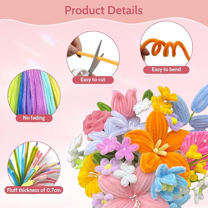 500 PCS Pipe Cleaners Craft, Pipe Cleaners Flowers Kit with Handle, 20 Colors Chenille Stems with Instruction, Art and Craft Supplies, Colored Pipecleaners Bulk