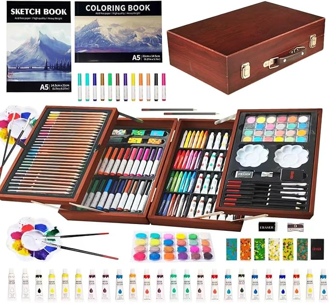KINSPORY Art Sets, 139 Pack Painting Drawing Art Supplies Kit with 2 Sketch Pads, Deluxe Double Layers Crafts, Colored Pencils, Oil Pastels, Watercolor Paints, Gift for Artists Kids (Brown)