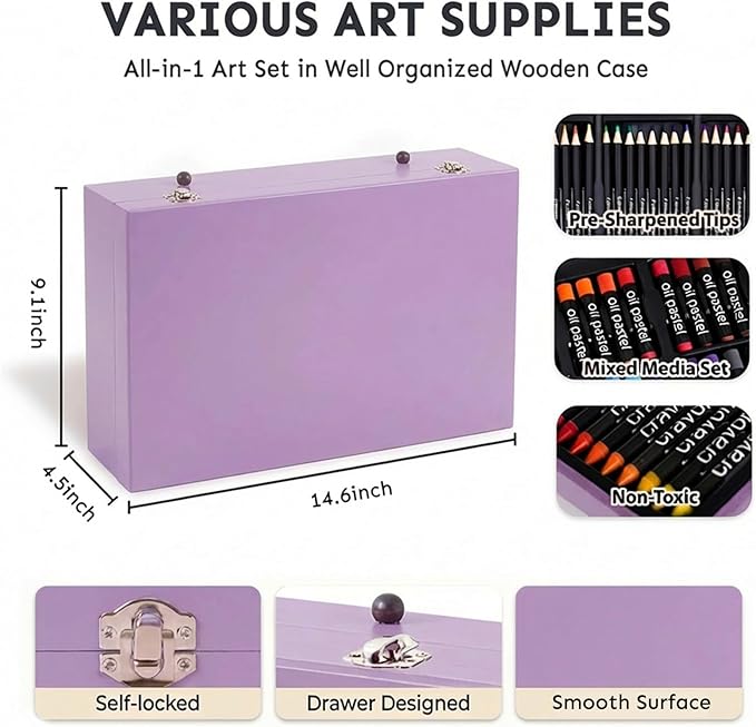 175 Piece Deluxe Art Set with 2 Drawing Pads, Acrylic Paints, Crayons, Colored Pencils, Paint Set in Wooden Case, Professional Art Kit, Art Supplies for Adults, Teens and Artist, Paint Supplies