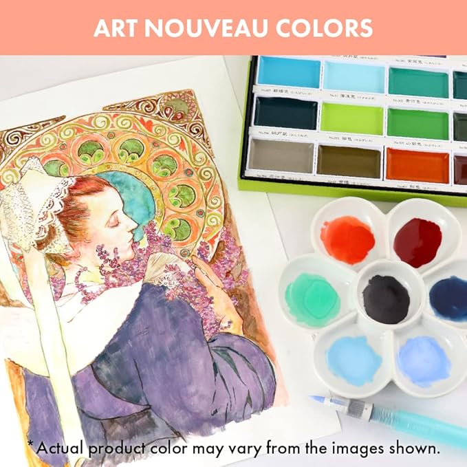 Kuretake GANSAI TAMBI Watercolor Paint Set 24 Colors II - Art Nouveau, Professional-Quality Art Supplies for Artists Adult Painting Sketching, Non-Toxic, Made in Japan