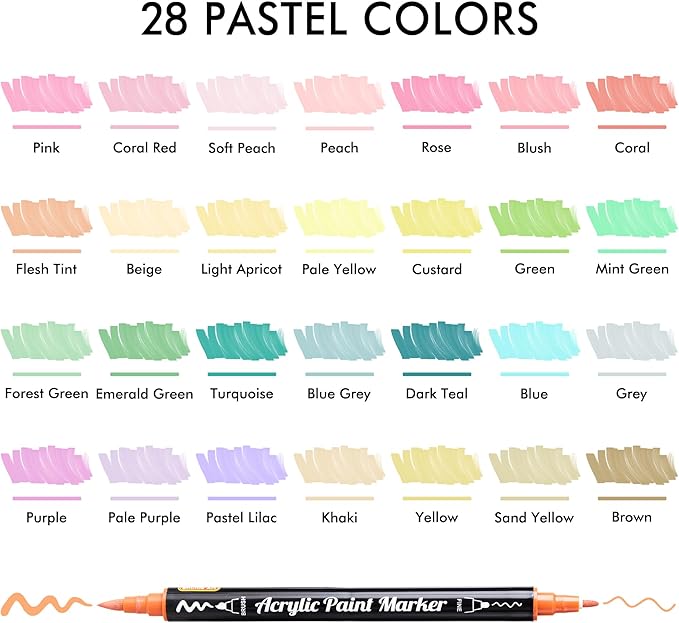 28 Pastel Colors Dual Tip Acrylic Paint Markers, Brush Tip and Fine Tip Acrylic Paint Pens for Rock Painting, Ceramic, Wood, Canvas, Plastic, Glass, Stone, Calligraphy, Card Making, DIY Crafts
