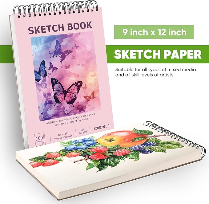 Soucolor 9" x 12" Cute Sketch Book, Aesthetic Cute Preppy Stuff School Supplies, 1-Pack 100 Sheets Spiral Bound Girls Sketchbook, (68lb/100gsm) Acid Free Drawing Book Paper Sketching Pad