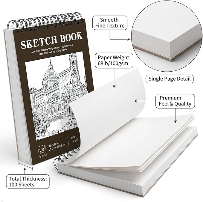 Soucolor Sketchbook 8.5x11 Hard Cover Spiral Bound, 100 Sheets 68lb/100gsm Thick Acid-Free Drawing Paper Lay Flat Sketch Pad Art Notebook for Adults Artists Teachers Students Classroom