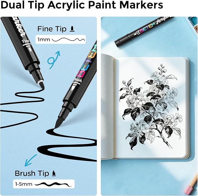 Betem Dual Tip Acrylic Paint Pens, 2 Black Paint Markers for Glass, Window, Fabric, Wood, Rock, Canvas, Acrylic Markers with Fine & Brush Tip, Art & Craft Supplies, Teacher Appreciation Gift