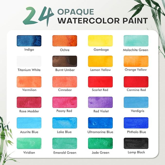 Fuumuui 24 Opaque Semi-Moist Watercolor Paint Set, Vivid Bright Professional Art Supplies with Strong Pigments & Coverage, for Artists Beginner Painters Amateur Hobbyists Painting