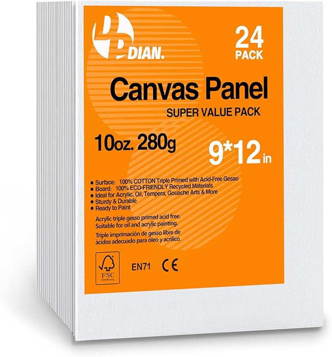 Canvas Boards for Painting 9x12 Inch, 24-Pack Bulk Canvas Value Pack - Art Supplies Blank Paint Canvas Panels for Acrylic, Oil, Watercolor, Tempera, Gouache