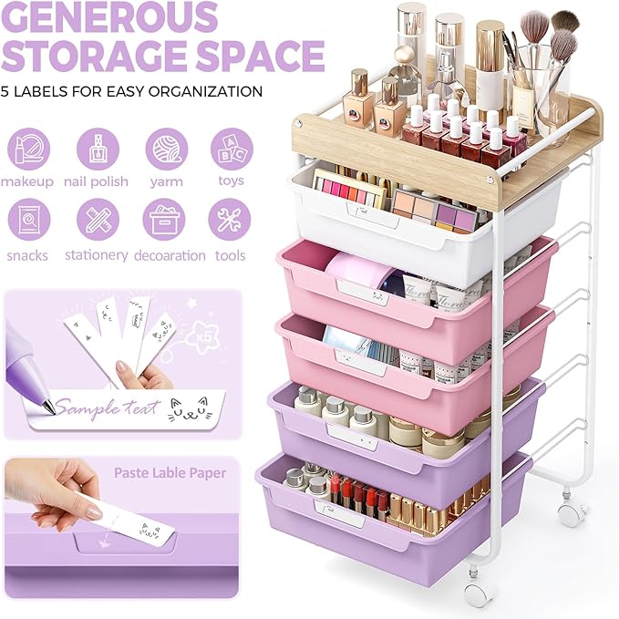 SYKIARIOL Rolling Storage Utility Cart with 5 Drawers,Craft Cart with Wheels,Makeup Organizer,Art Supply and Storage Wooden Tabletop,Purple