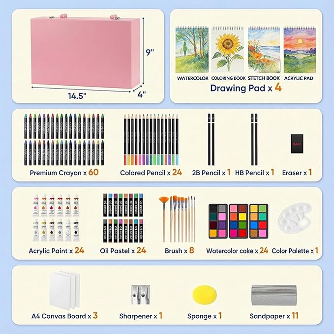 194 Piece Deluxe Art Set, Painting Drawing Art Supplies with 4 Drawing Pads, Acrylic Paints, Crayons, Colored Pencils Set in Wooden Case, Art Kit Gift Box for Kids, Teens, Adults, Artists, Beginners