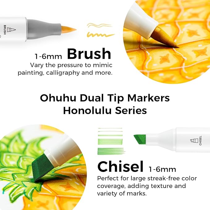 Ohuhu Alcohol Markers Brush Tip - 320-color Double Tipped Art Sketch Marker Set for Artists Adults Coloring Illustration -Brush & Chisel Dual Tips - Honolulu Series of Ohuhu Markers - Refillable Ink