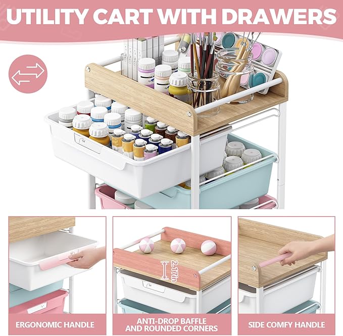 SYKIARIOL Rolling Cart with 6 Drawers,Utility Storage Cart with Drawers,Art Craft Organizers and Storage,Makeup Organizer with Wooden Tabletop,Colorful