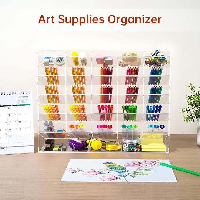 BEYGORM Acrylic Vertical Marker Organizer for 310 Markers with 26 Compartments, Clear Angled Pen & Pencil Holder, Large Desk Stationery & Art Supply Storage for Office & School (14.9 x 12.4 x 4 Inch)