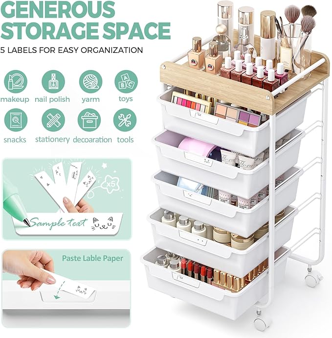 6 Drawer Rolling Cart for Craft Storage,Utility Drawer Organizer with Handle and Wooden Top, Storage on wheels for Office, Classroom,Laundry，Garage, Snack,Art Supply,White