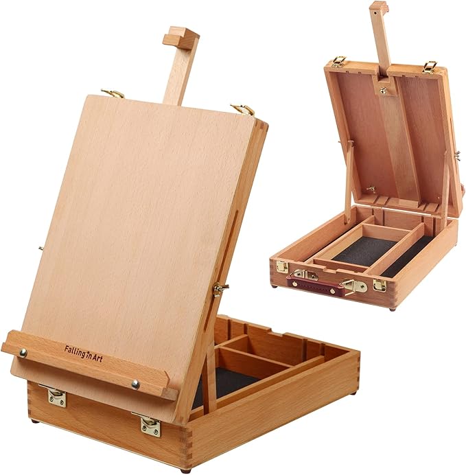 Falling in Art Wooden Tabletop Easel, Beech Wood Sketchbox Desktop Easel for Painting, Portable Art Drawing Easel for Beginners and Professionals