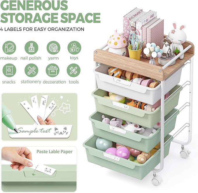 SYKIARIOL Rolling Storage Utility Cart with 4 Drawers,Kids Craft Art Cart,Makeup Organizer and Storage with Wooden Tabletop,Green