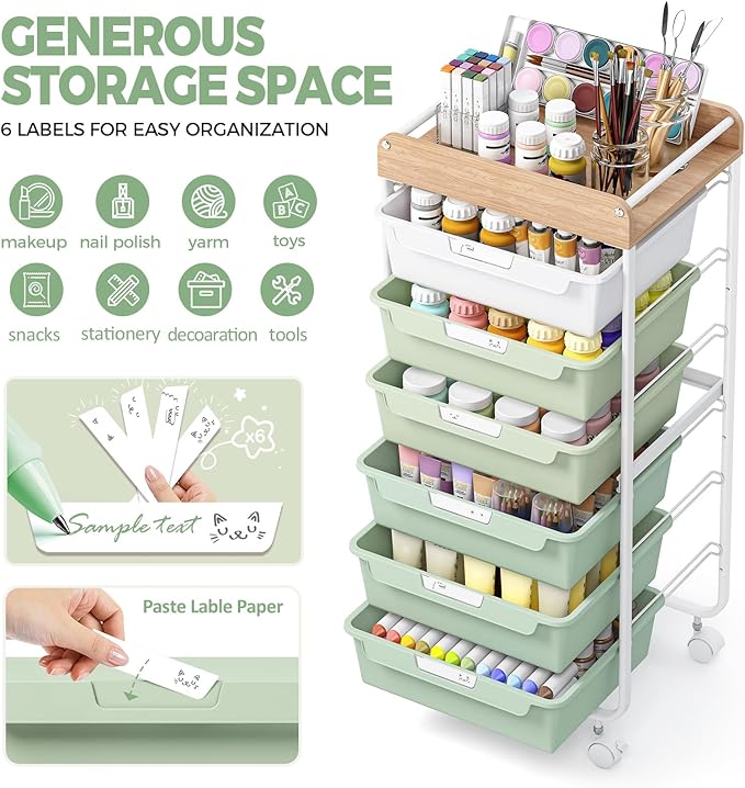 SYKIARIOL Rolling Cart with 6 Drawers,Utility Storage Cart with Drawers,Art Craft Organizers and Storage,Makeup Organizer with Wooden Tabletop,Green