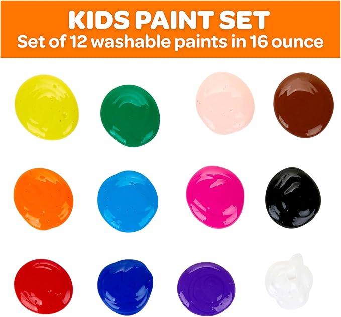 Crayola Washable Paint (12ct), Bulk Paint Set for Kids' Art Projects, 16 Oz, Nontoxic Craft Supplies, Teacher Classroom Must Haves, Ages 3, 4, 5