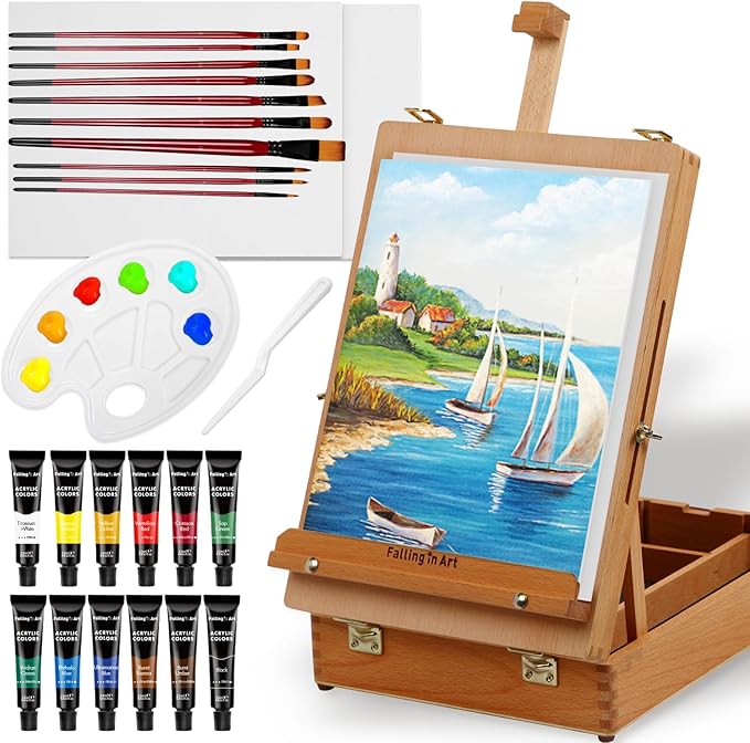 Falling in Art Beechwood Easel Box Set, 27 Pcs Tabletop Acrylic Paint Set, Portable Display Easel Stand with 12 Acrylic Paints, Canvas Panels and Brushes, Suitable for Beginners and Professionals