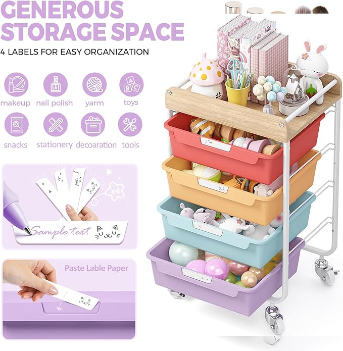 Rolling Craft Storage Cart with 4 Drawers,Utility Cart with Drawers,Art Craft Organizers and Storage,Kids Craft Cart,Kids Art Cart With DIY Lable and Wooden Tabletop Area,Jelly Bean Color