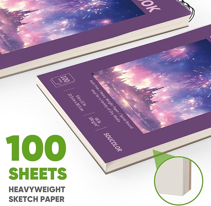 Soucolor 9"x12" Sketch Book for Women Sketch Book, 100 Sheets (68lb/100gsm) Drawing Paper, Art Supplies for Kids, 1-Pack Art School Supplies