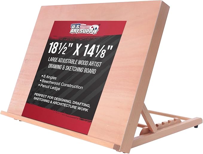 U.S. Art Supply Large 18-1/2" x 14-1/8" (A3) Wooden Drawing Board, Adjustable Table Top Easel for Painting and Drawing - Drafting Board with 6 Angles, Pencil Ledge