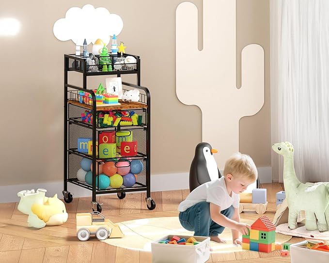 SWTYMIKI Rolling Cart with Drawers - Metal Craft Cart with Wheels, DIY Divider and Wood Shelf, Art Supply Organizer Craft Organizer and Storage, Utility Storage Cart for Home Office Studio, Espresso