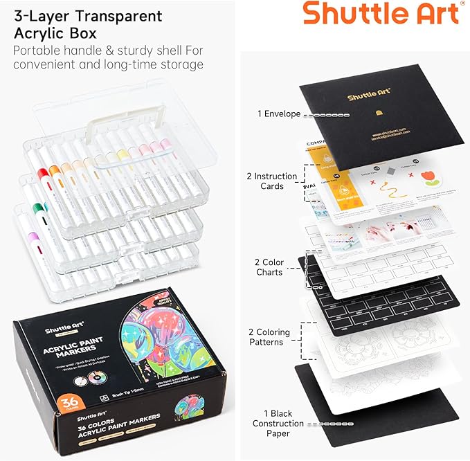Shuttle Art Automatic Ink Control Acrylic Paint Markers, 36 Colors Brush Tip Acrylic Paint Pens for Rock Painting, Ceramic, Wood, Canvas, Glass, Stone, Fabric, Card Making, DIY Supplies, FlipFunAlong