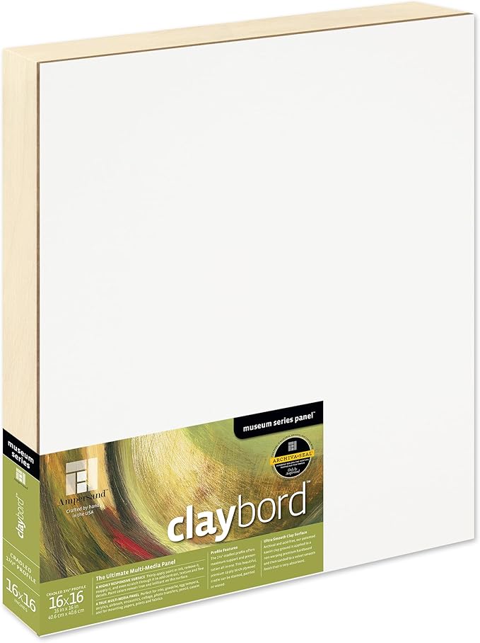 Ampersand Art Supply Claybord | 16" x 16" | 1-1/2" Cradled Profile | Kaolin Clay Painting Panel for Acrylic, Ink, Watercolor & Mixed Media | Canvas & Paper Alternative