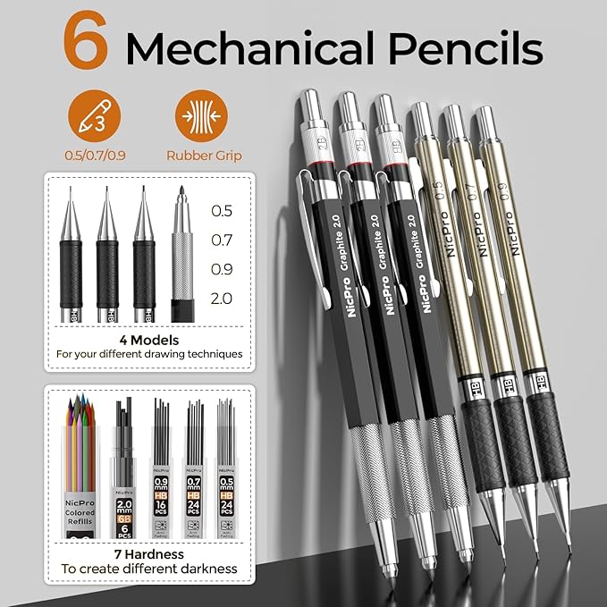 Nicpro 52PCS Art Drawing Supplies Kit, Metal Mechanical Pencil Set 0.5, 0.7, 0.9 & 2mm, 9x12 Sketch Book, 12 Fineliner Pens, 20 Tubes Leads, School Supplies Drawing Kit for Artist Adults Sketching