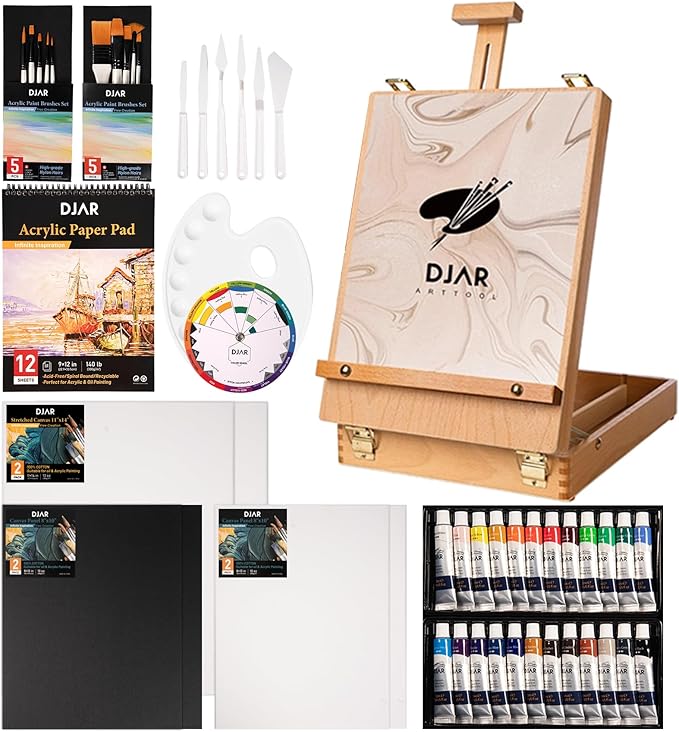 DJAR 49 Pcs Acrylic Paint Set with Tabletop Easel, Painting Kits with 24 Color Acrylic Paints, 11"x 14" Stretched Canvas & More, Art Painting Supplies for Kids Adults Beginner Artists