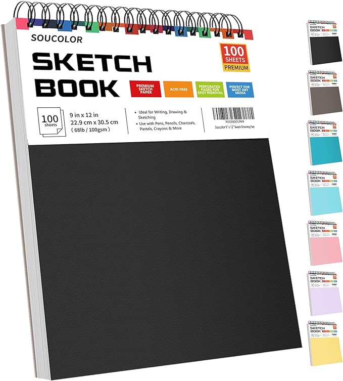 Soucolor 9" x 12" Sketch Book, 100 Sheets Top Spiral Bound Sketchbook with Acid-Free 68lb/100gsm Thick Drawing Paper, Art Sketch Pad for Kids, Adults & Artist, Professional Art Supplies for Beginners