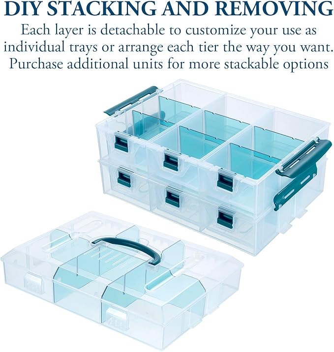 MyGift 11 Inch Clear Arts and Crafts Stackable Container, Sewing Supplies Storage Organizer Case with Blue Accents, 24 Customizable Compartments, and 6 Drawers with Removable Dividers