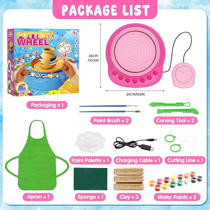 Pottery Wheel for Kids Complete DIY Pottery Painting Kit, Arts and Crafts for Kids Ages 8-12 with 3 Air-Dry Clay Packs and Tools, Art Supplies Toys Birthday Easter Gift for Boys Girls 6+ Years Old