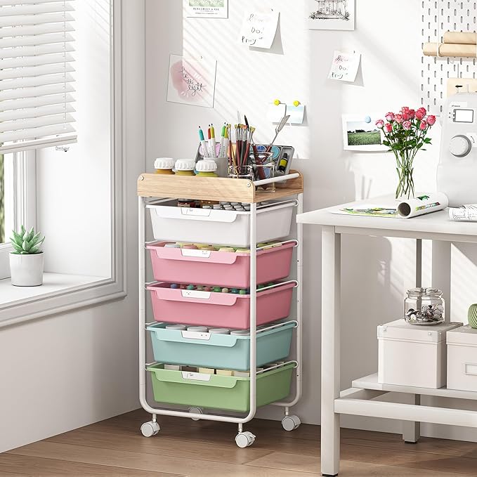 Utility Cart with Drawers,Craft Cart with 5 Drawers,Art Supply Organizer,Rolling Drawer Cart,Craft Storage Cart,Storage Drawer Carts With DIY Lable and Wooden Tabletop Area,Colorful
