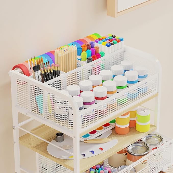 Homsorout Art cart, 5 Tier Rolling Cart - Utility Cart with Storage Drawer and Wheels, Versatile Art & Craft Organizer for Home, Office, or Studio Ideal for Storing Brushes, Paints （Maple）