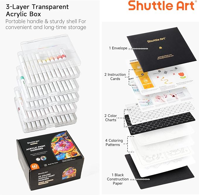 Shuttle Art Automatic Ink Control Acrylic Paint Markers, 60 Colors Brush Tip Acrylic Paint Pens for Rock Painting, Ceramic, Wood, Canvas, Glass, Stone, Fabric, Card Making, DIY Supplies, FlipFunAlong