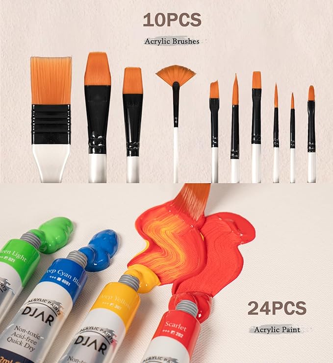 DJAR 49 Pcs Acrylic Paint Set with Tabletop Easel, Painting Kits with 24 Color Acrylic Paints, 11"x 14" Stretched Canvas & More, Art Painting Supplies for Kids Adults Beginner Artists