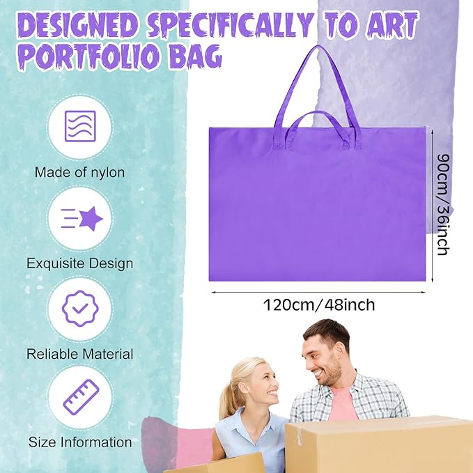 Abbylike 1 Pcs 48 x 36 Inch Art Portfolio Bag Large Size Art Supply Bag with Nylon Shoulder Waterproof Poster Board Painting Drawing Sketch Storage Carry Case for Artwork Gift Supplies (Purple)