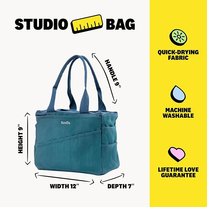 Soolla Studio Bag: Pottery Tool Bag & Craft Storage, Art Supply Organizer, Washable Tote, Knitting Yarn, Crochet Projects, 30 Pockets, 20+ Canvas Colors, Gift For Artists & Teachers (Aquamarine)