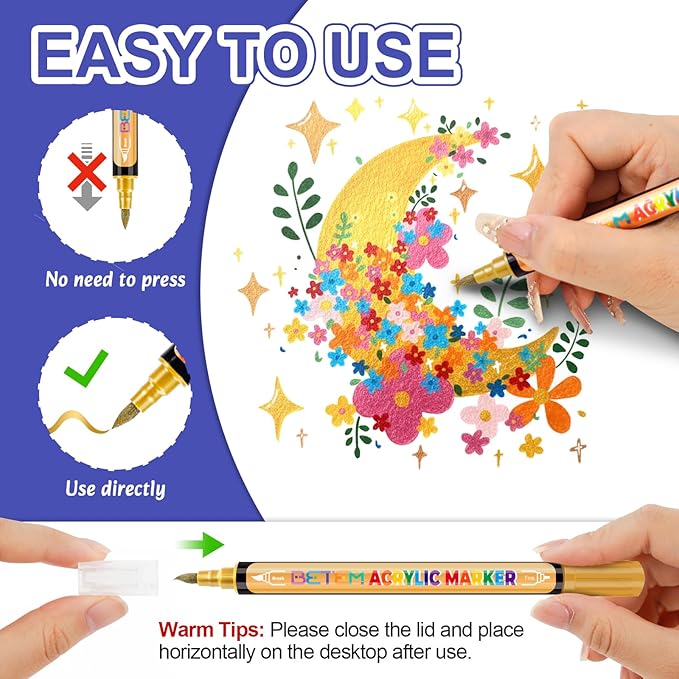 Betem Dual Tip Acrylic Paint Pens, 30 Metallic Paint Markers for Glass, Window, Fabric, Wood, Rock, Canvas, Acrylic Markers with Fine & Brush Tip, Art & Craft Supplies, Teacher Appreciation Gift