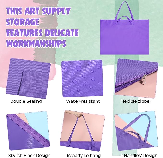 Abbylike 1 Pcs 48 x 36 Inch Art Portfolio Bag Large Size Art Supply Bag with Nylon Shoulder Waterproof Poster Board Painting Drawing Sketch Storage Carry Case for Artwork Gift Supplies (Purple)