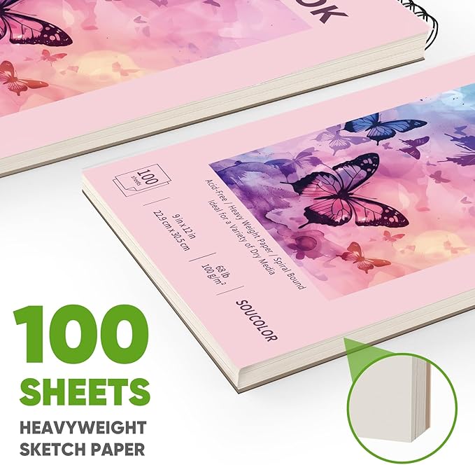 Soucolor 9" x 12" Cute Sketch Book, Aesthetic Cute Preppy Stuff School Supplies, 1-Pack 100 Sheets Spiral Bound Girls Sketchbook, (68lb/100gsm) Acid Free Drawing Book Paper Sketching Pad