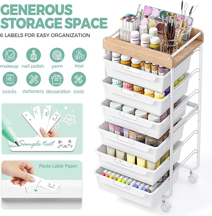 SYKIARIOL Rolling Cart with 6 Drawers,Utility Storage Cart with Drawers,Art Craft Organizers and Storage,Makeup Organizer with Wooden Tabletop,White