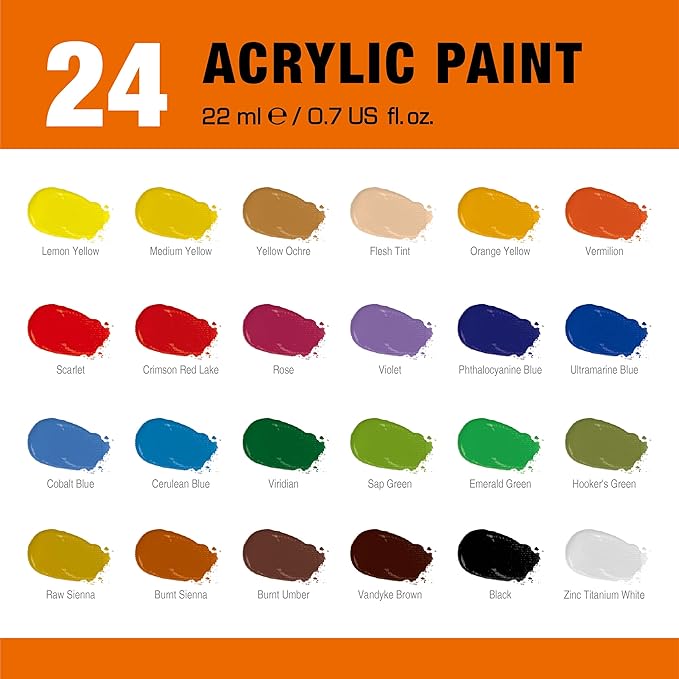Acrylic Paint Set, 24 Colors 0.74 oz/22ml Tubes, Highly Pigment Art Paints for Canvas, Wood, Fabric, Paper, Giftable Choice for Artists, Beginner to Pro
