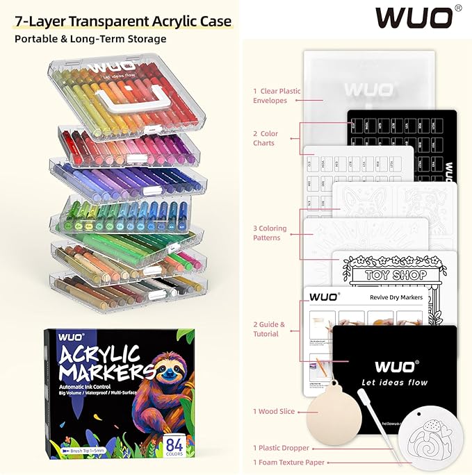 WUO 84 Colors Acrylic Paint Markers, High Opacity Automatic Ink Control Brush Tip Pens, Water-Based No-Bleed Markers for Rock, Canvas, Wood, Glass, Ceramic, and DIY Art Supplies