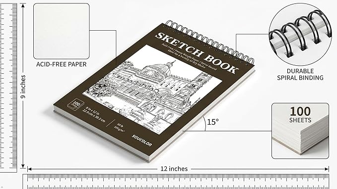 Soucolor 9" x 12" Sketch Book 100 Sheets, Acid Free (68lb/100gsm) Artist Drawing Paper Book Painting Sketching Pad, Classroom Must Haves Supplies for Teacher Student, Back to School Supplies