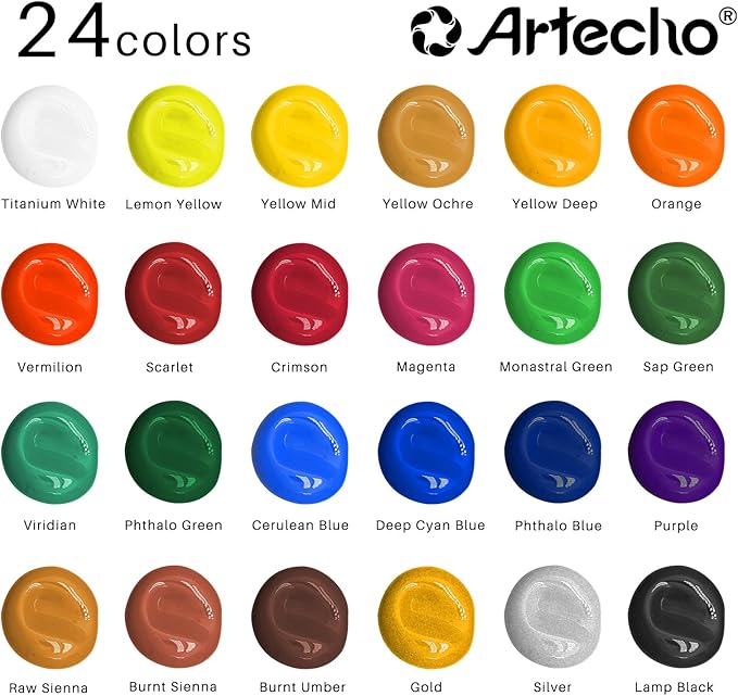 Artecho Acrylic Paint Set 24 Colors 2oz/59ml with 12 Brushes, Art Craft Paints Kit, Paint for Canvas, Rocks, Wood, Fabric, Ceramic and Art Supplies, Non Toxic Paint for Artists and Beginners