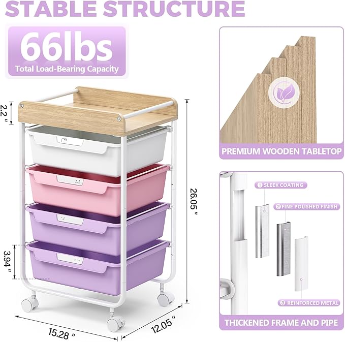 SYKIARIOL Rolling Craft Storage Cart with 4 Drawers,Utility Cart with Drawers,Art Craft Organizers and Storage,Kids Art Craft Cart With DIY Lable and Wooden Tabletop Area, Purple