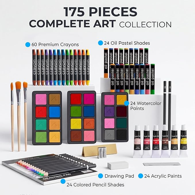 175-Pack Deluxe Wooden Art Set Drawing Painting Kit with 2 Drawing Pads, Acrylic Paints, Colored Pencils, Crayons, Paint Brush, Art Kit in Wooden Case, Gift for Artist, Adults, Teens and Kids