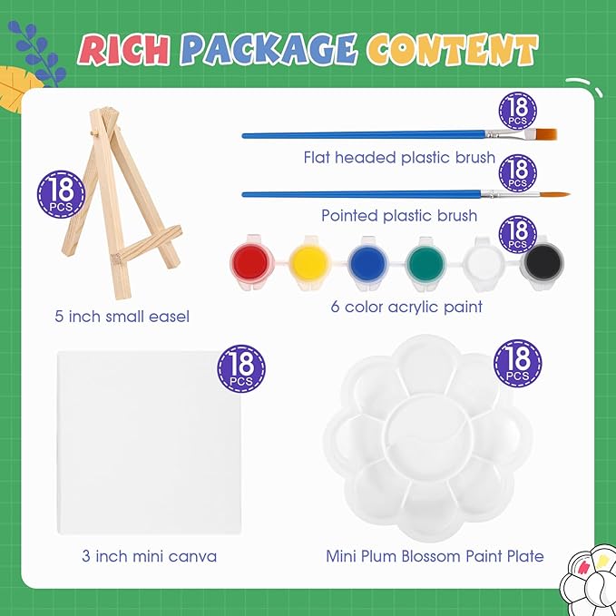 ESRICH 18 Set Mini Acrylic Paint Kit, Minis Stretched Canvas with Easel, Acrylic Paint Strips, Palettes, Painting Brushes, Mini Canvas and Easel Set for Kids Artists Beginner, Gifts